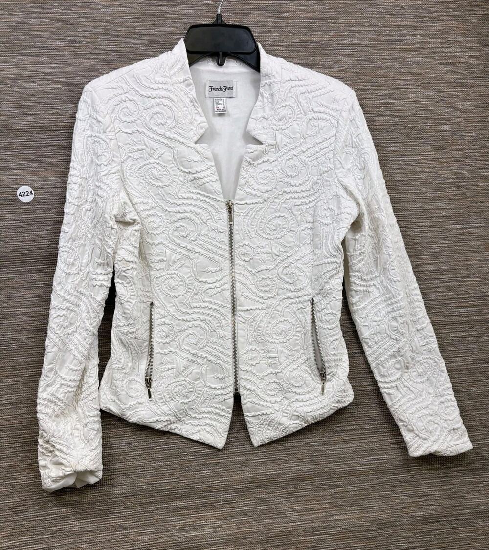 French Twist Jacket Womens Sz 10 White Paisley Full Zip Lined Collarless Pockets